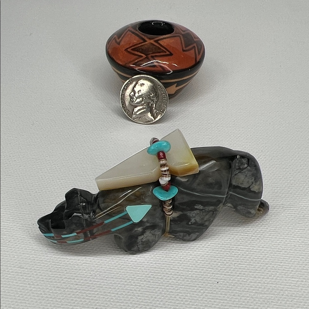 Picasso Stone Bear Figurine with Turquoise Accents